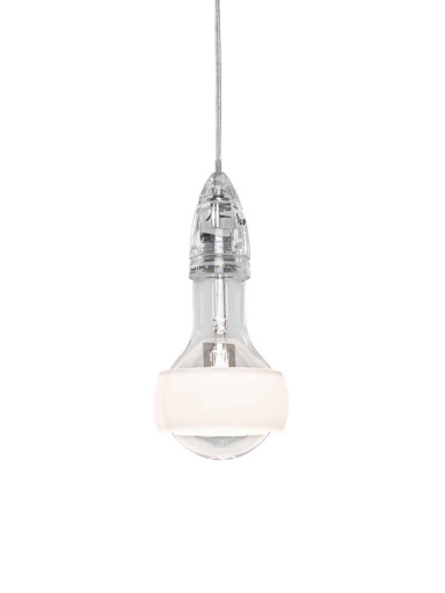Johnny B. Good Lampe von Ingo Maurer: Transparente Hängeleuchte in Glühbirnenform mit weißem Leuchtband.